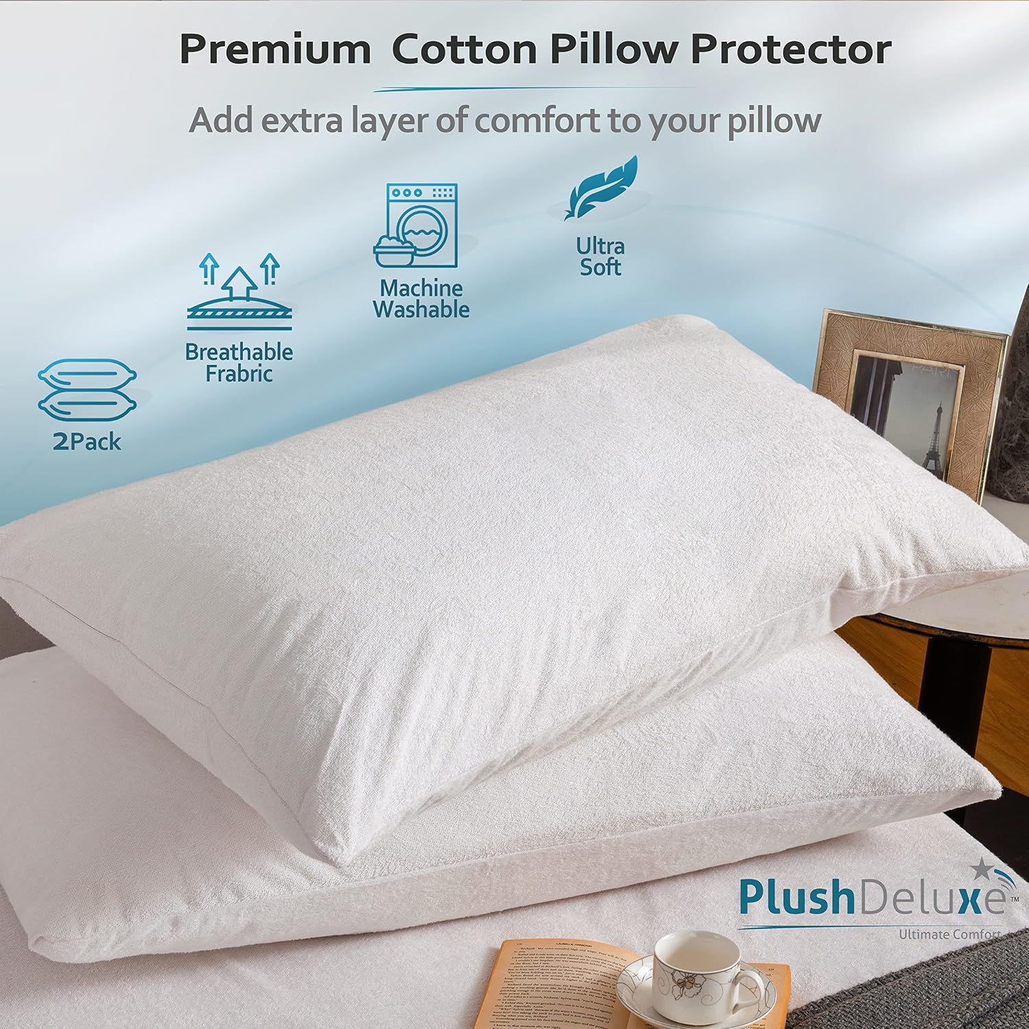 Premium Waterproof Pillow Protectors - Standard Size 20''x28'' Set of 2 - Zippered Pillow Cover Made with Soft Terry Cotton Fabric…