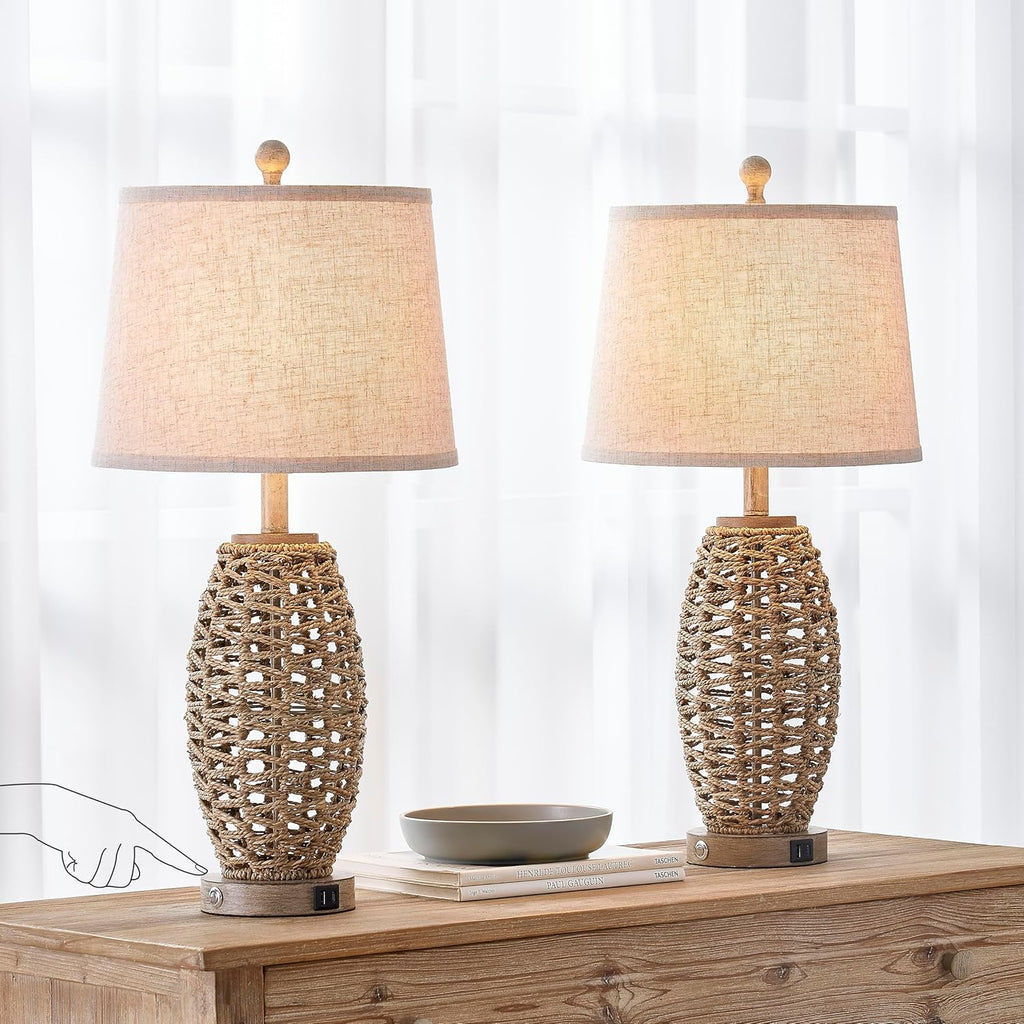 27” Natural Rattan Table Lamps Set of 2, Touch Switch,3-Way Dimmable Bedside Lamps, with A+C USB Charging Ports, Oatmeal…