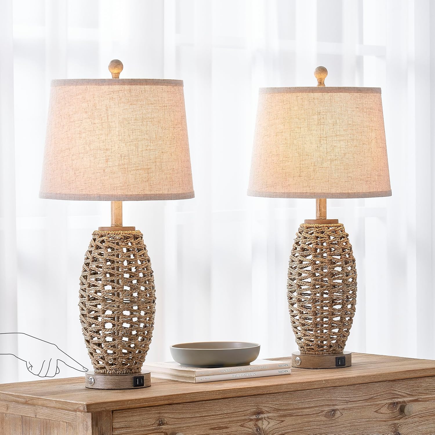 27” Natural Rattan Table Lamps Set of 2, Touch Switch,3-Way Dimmable Bedside Lamps, with A+C USB Charging Ports, Oatmeal…