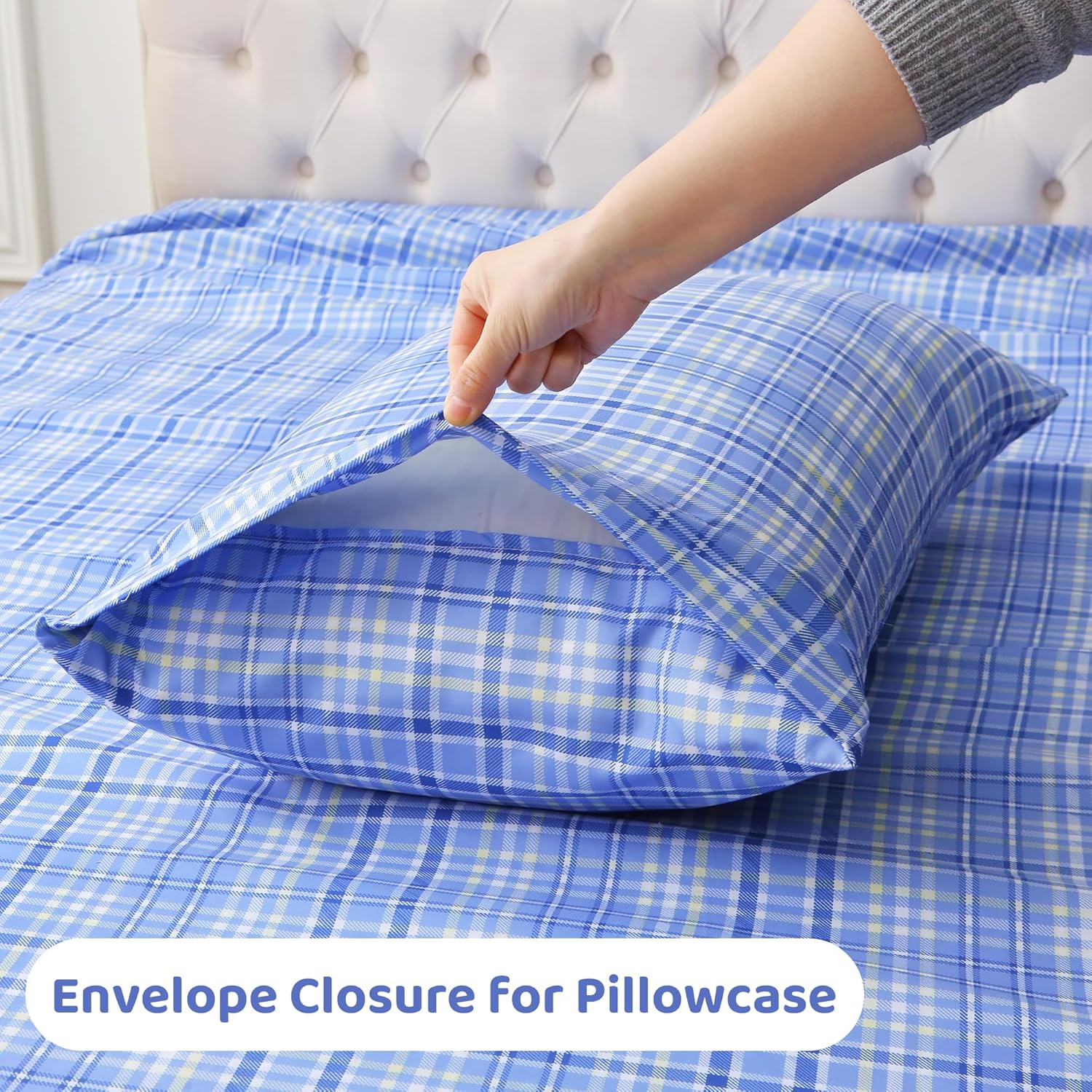 mooreeke Cozy Plaid Microfiber Printed Queen Sheet Set - Soft & Breathable Purple Yellow Plaid Bed Sheets with Extra Deep Pocket - Non-Slip…