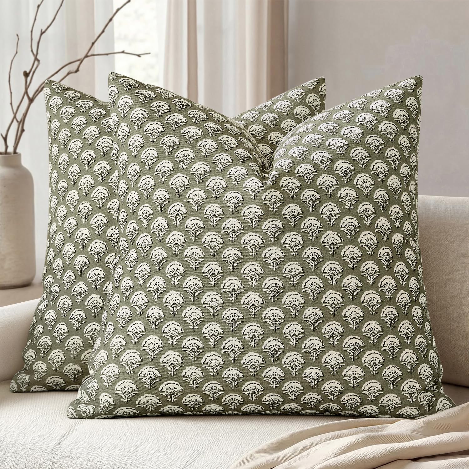 MIULEE Set of 2 Decorative Floral Pillow Covers Neutral Vintage Throw Pillows Block Print Boho Farmhouse Cushion Covers for Modern Spring…