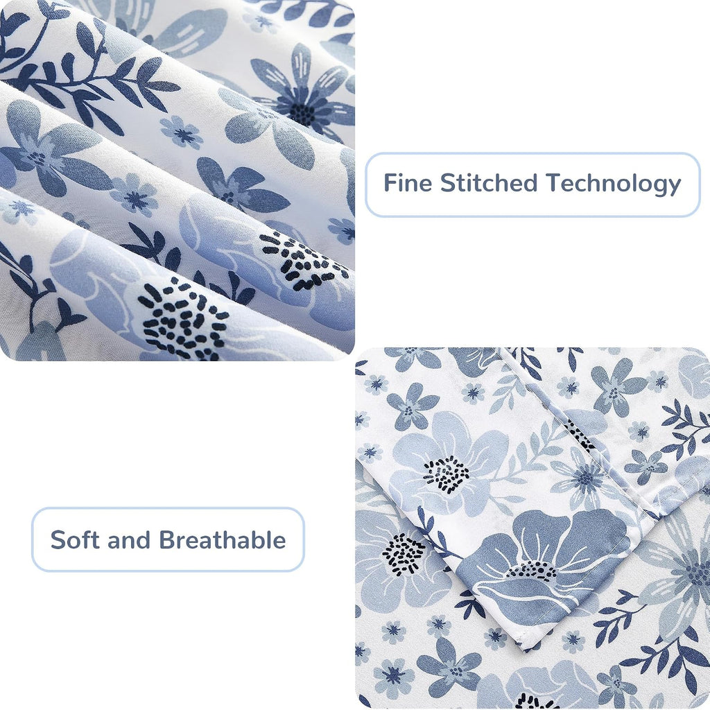 mooreeke Full Size Sheets Set - 4 Piece Soft Breathable Microfiber Bed Sheet Set - Blue & White Flower Pattern Sheet Set Full - Deep Pocket…