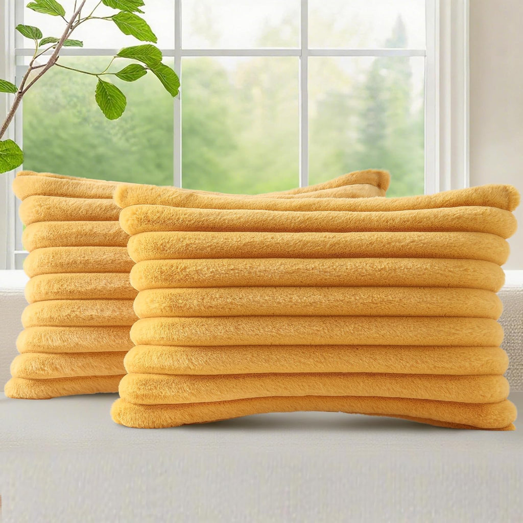 decorUhome Summer Cozy Faux Fur Throw Pillow Covers 12x20 Set of 2 Decorative Plush Striped Lumbar Modern Farmhouse Boho Couch Pillow Cases…