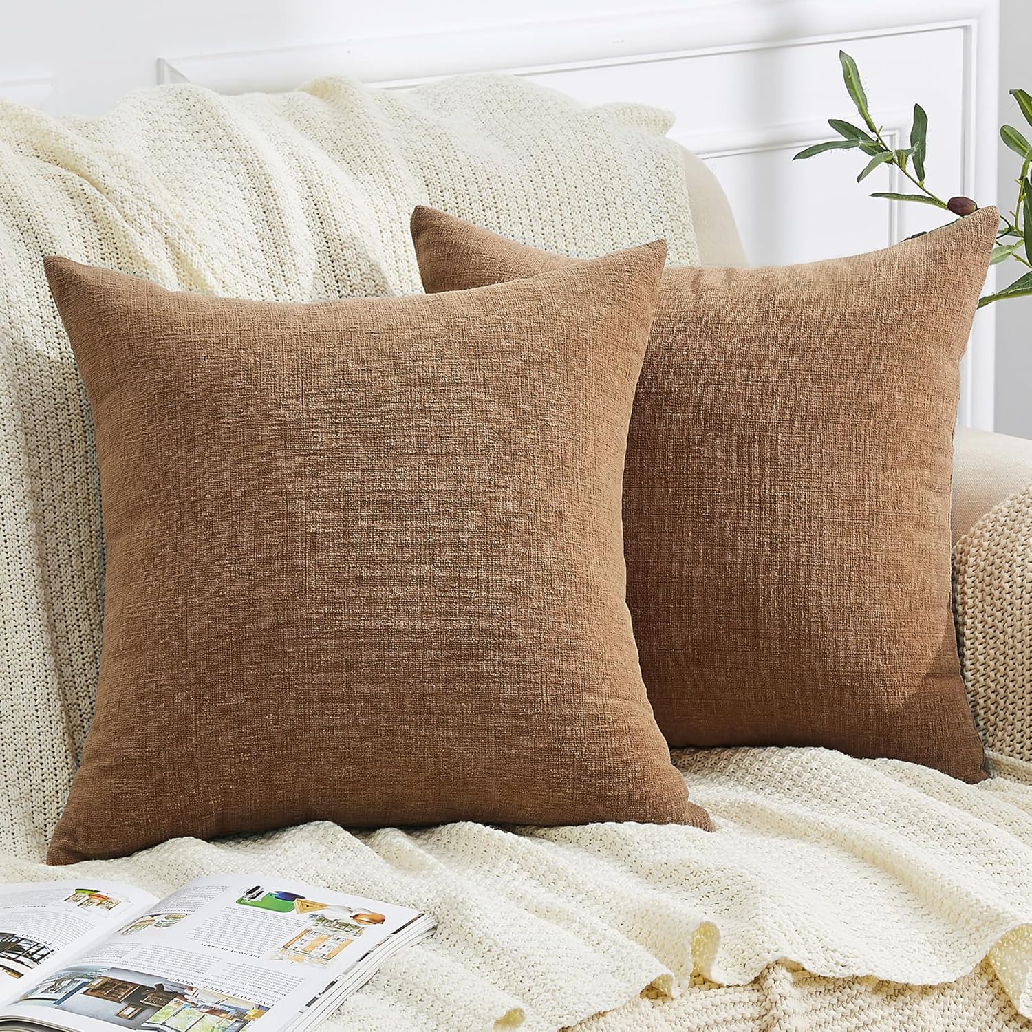 Gawamay Decorative Square 16x16 Inch Throw Pillow Covers Set of 2, Super Soft Chenille Pillows Farmhouse Fall Pillowcase for Living Room Be…
