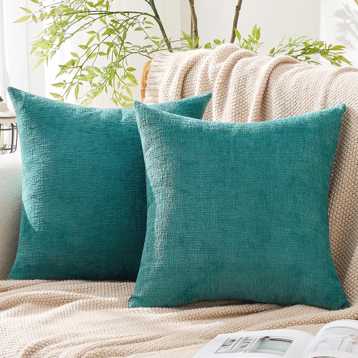 Gawamay Set of 2 Soft Textured Chenille Throw Pillow Covers 20x20 Inch (50x50 CM), Decorative Pillowcases Cushion Covers for Farmhouse Home…