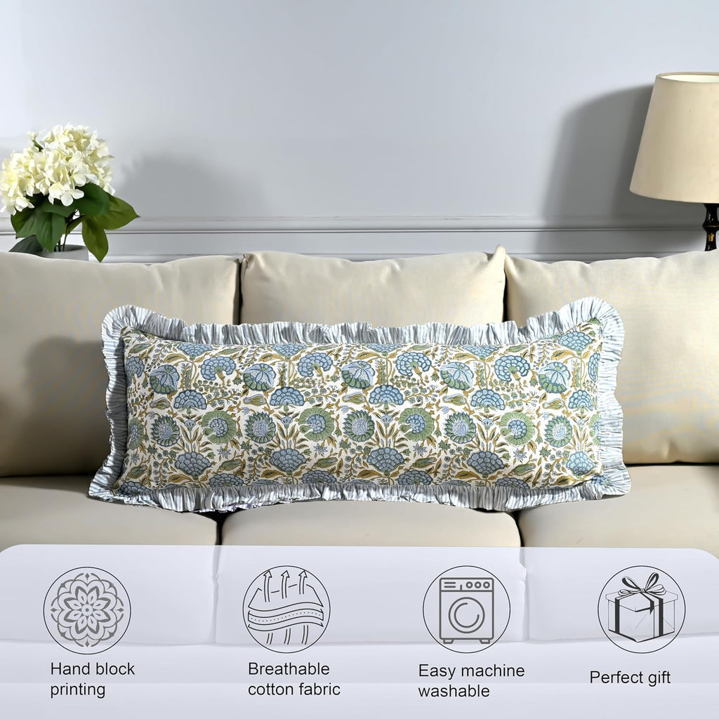Ridhi Block Print Asparagus Green 36"x14" Set 1-100% Cotton Ruffle Lumbar Sham Cover Boho Floral Pillowcase, Farmhouse Cottagecore…