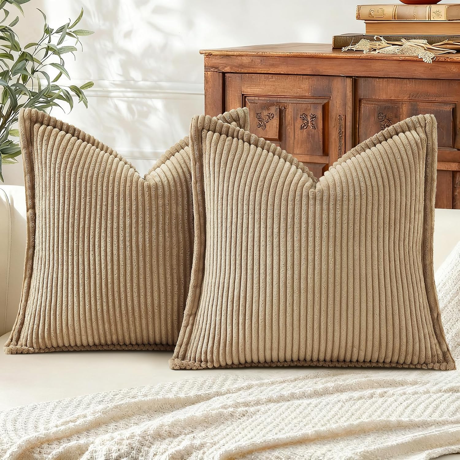 Mecatny Corduroy Summer Throw Pillow Covers 18x18 Set of 2, Neutral Decorative Soft Boho Couch Pillow Covers with Broadside for Sofa…