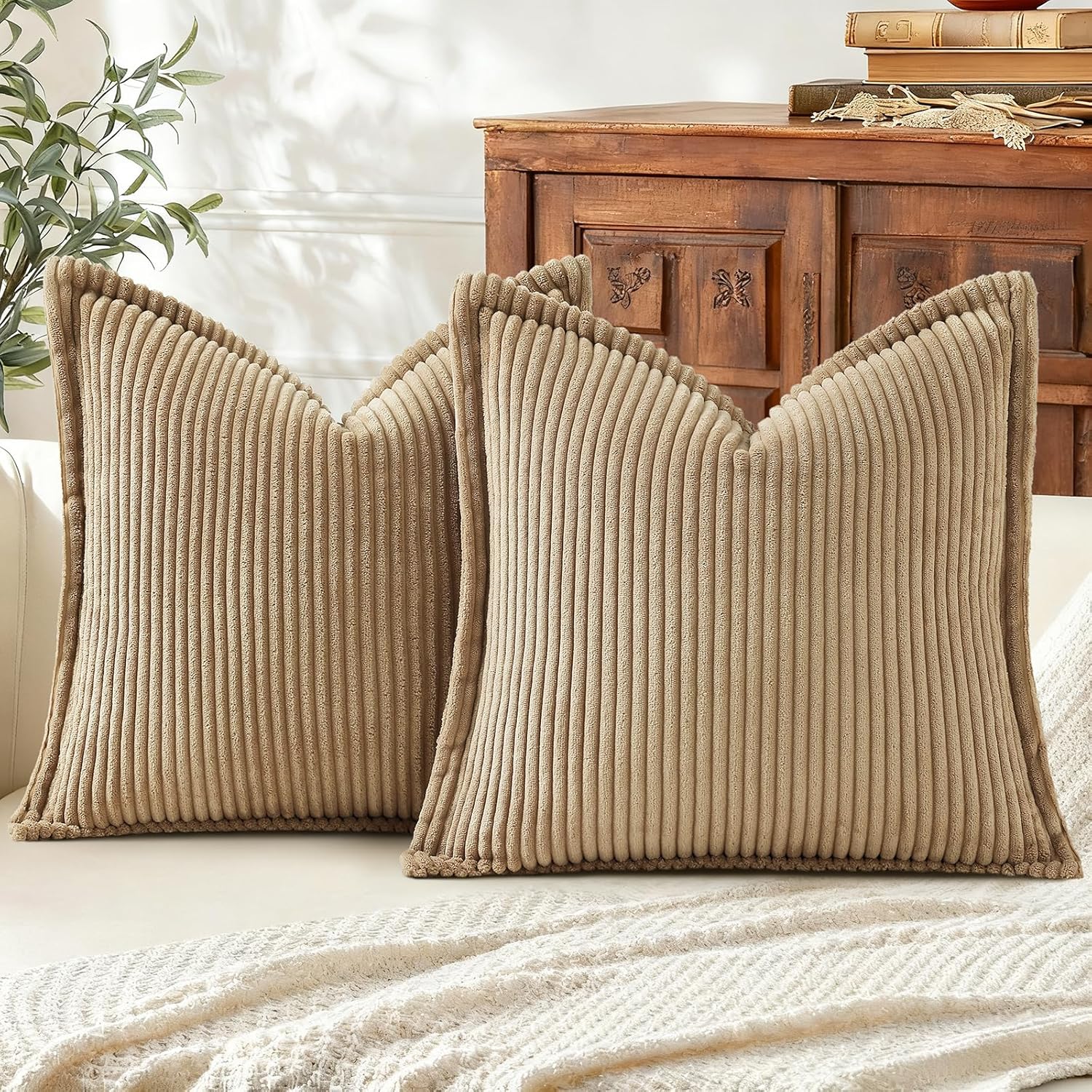 Mecatny Corduroy Summer Throw Pillow Covers 16x16 Set of 2, Neutral Decorative Soft Boho Couch Pillow Covers with Broadside for Sofa…