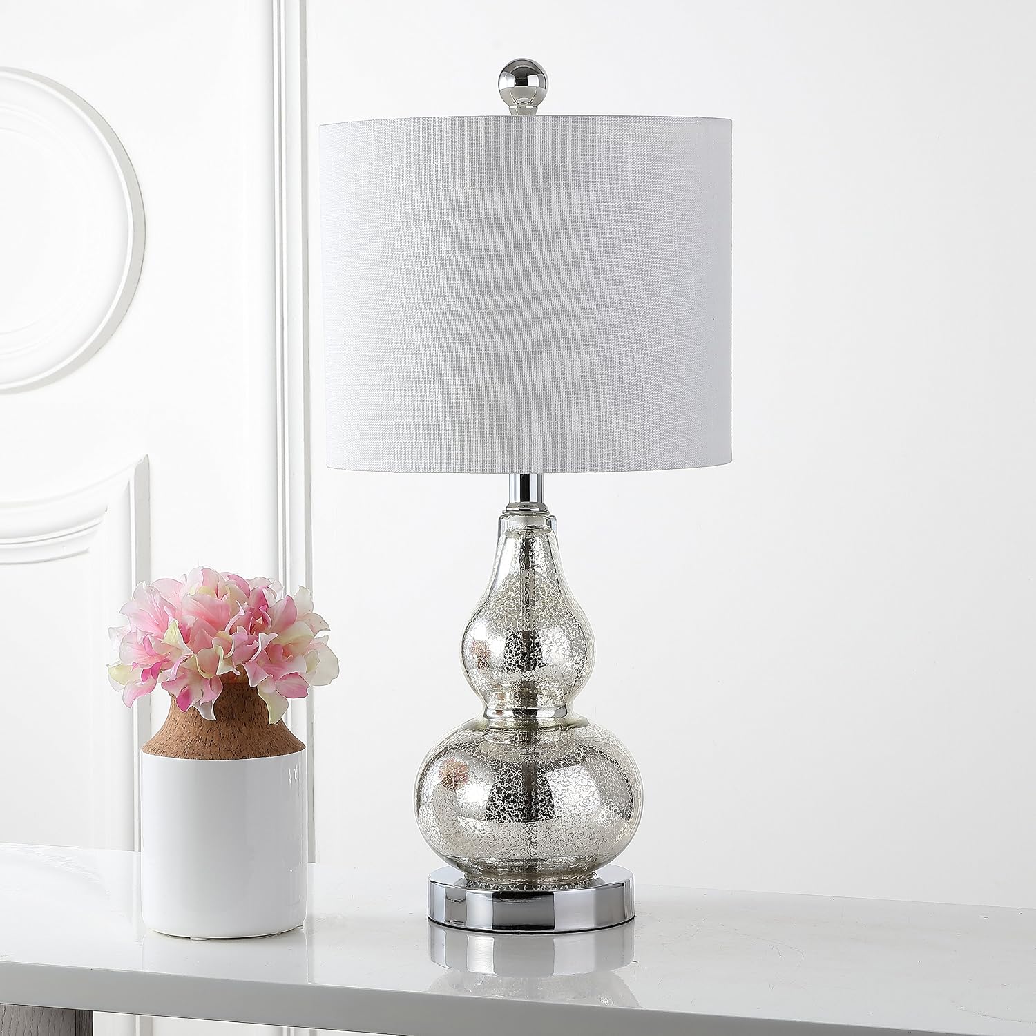 JONATHAN Y 20.5" Mercury Silver Glass Table Lamp, Modern Gourd Bedside Nightstand Lamp for Bedroom, Living Room, White Linen Shade, LED…
