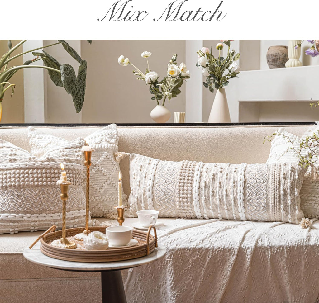 BlissBlush Cream Decorative Lumbar Throw Pillow Cover 14x36 Boho Long Cushion for Bed Neutral Beige White Accent Modern Farmhouse…