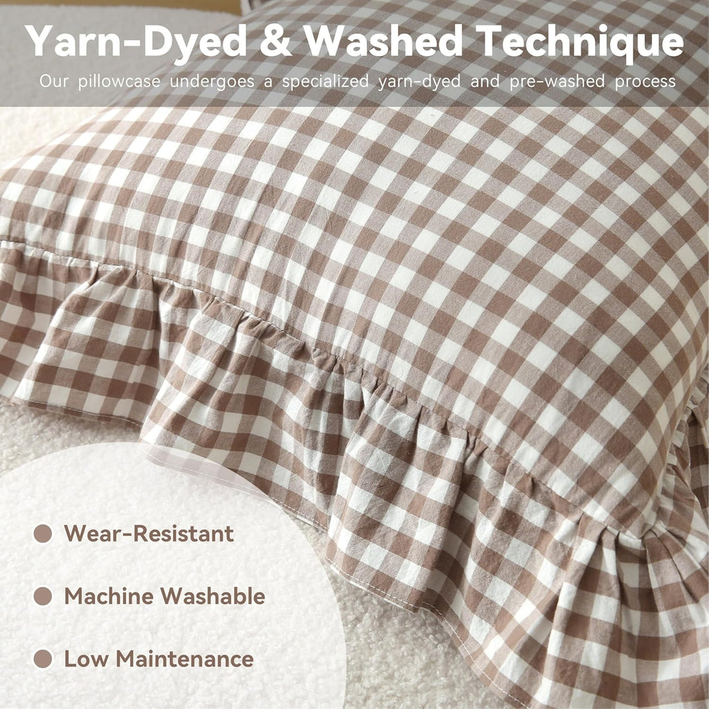 Jilboo Gingham Pillow Covers (2 Pack) - 22 x22 Inches Warm Taupe/White Plaid, 100% Washed Cotton Vintage Ruffle Decorative Throw Pillowcase…
