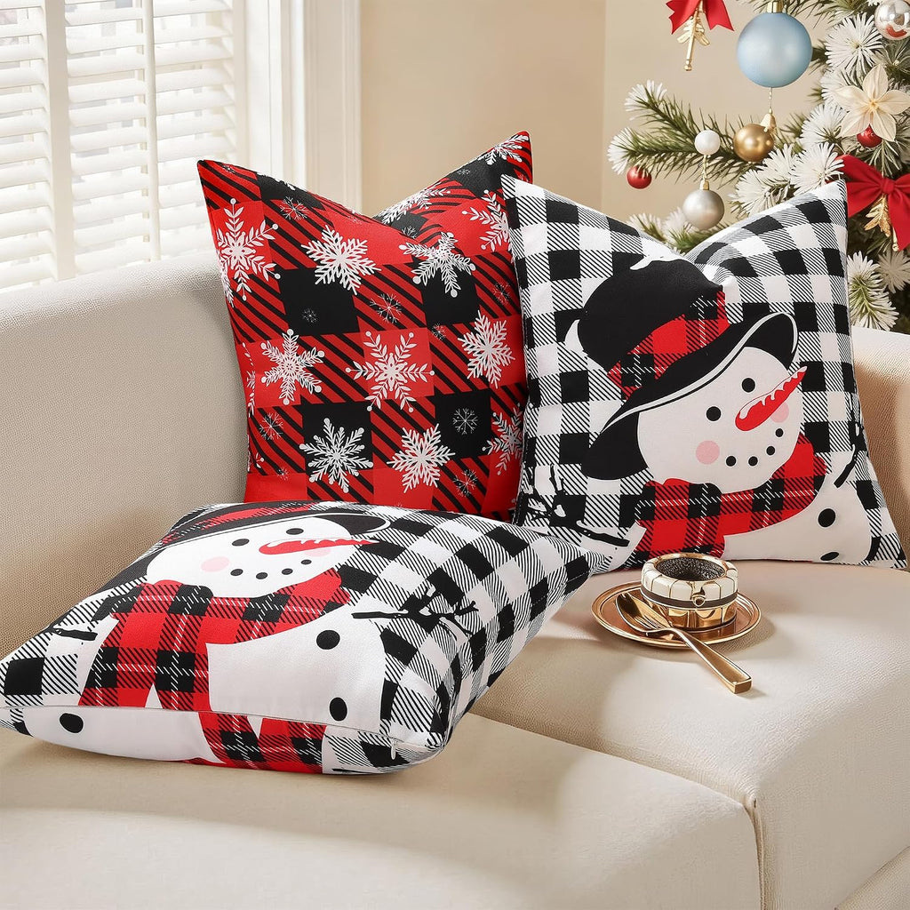 decorUhome Summer Black and White Snowman Linen Decorative Throw Pillow Covers 16x16 Set of 2 Buffalo Plaid Check Farmhouse Gingham Cushion…
