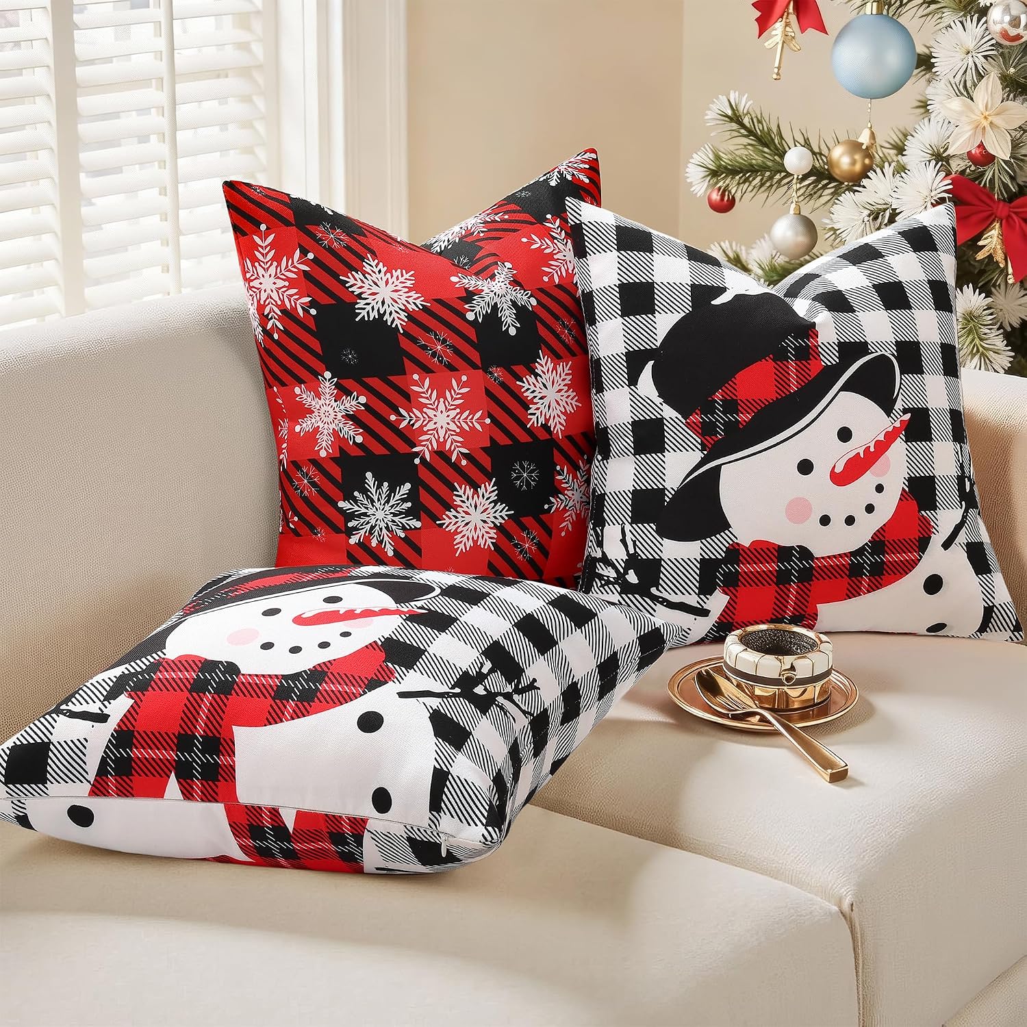 decorUhome Summer Black and White Snowman Linen Decorative Throw Pillow Covers 16x16 Set of 2 Buffalo Plaid Check Farmhouse Gingham Cushion…