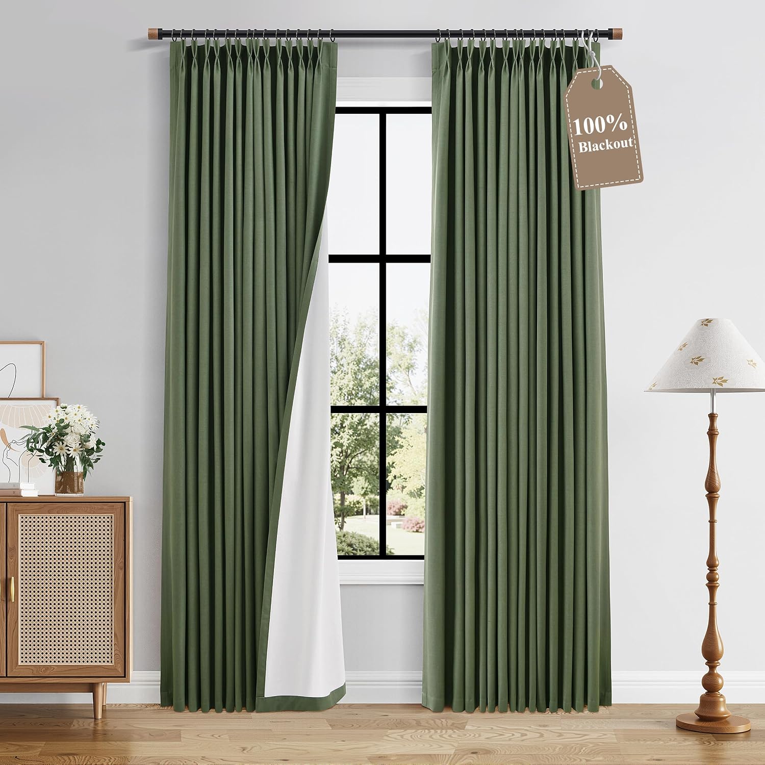 Boodii Olive Green 100% Blackout Pinch Pleated Linen Curtains 84 Inch 2 Panels Thermal Insulated Room Darkening for Bedroom Living Room Boh…