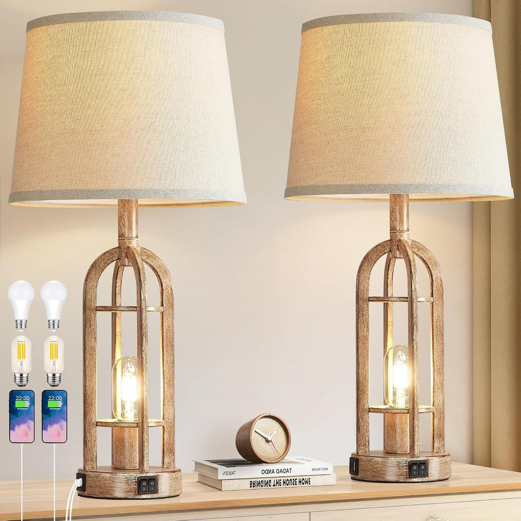SRJJA Table Lamps for Living Room End Table Set of 2 - Rustic Farmhouse Bedside Lamps for Bedroom Nightstand with Nightlight and USB A+C…