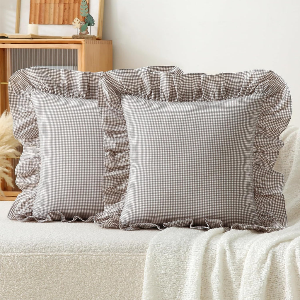 Jilboo Gingham Pillow Covers (2 Pack) - 18x18 Inches Brown/White Plaid, 100% Washed Cotton Vintage Ruffle Decorative Throw Pillowcases with…