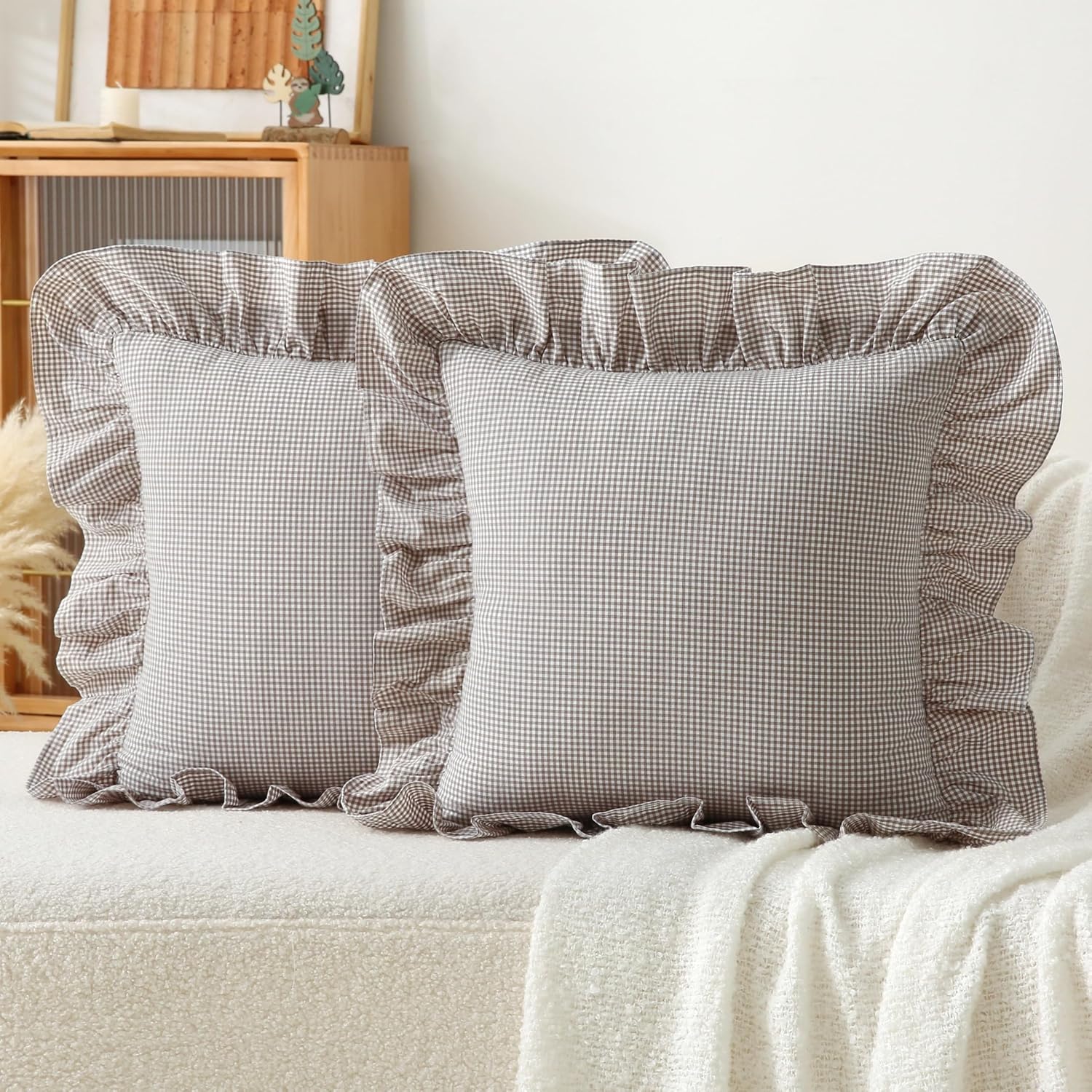 Jilboo Gingham Pillow Covers (2 Pack) - 18x18 Inches Brown/White Plaid, 100% Washed Cotton Vintage Ruffle Decorative Throw Pillowcases with…