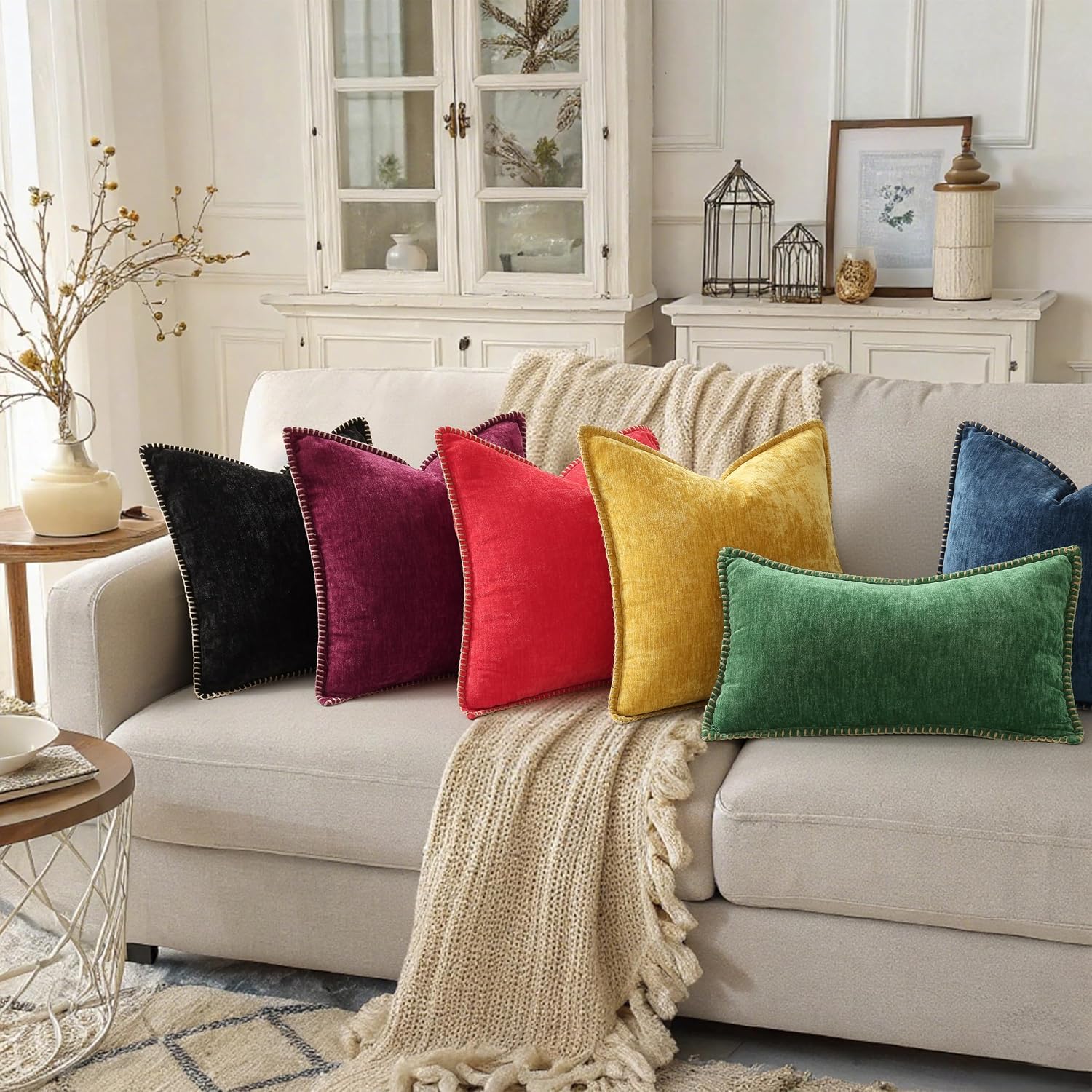 decorUhome Chenille Soft Cozy Throw Pillow Covers 12x20 Set of 2, Modern Farmhouse Boho Velvet Decorative Pillow Cases with Stitched Edge f…