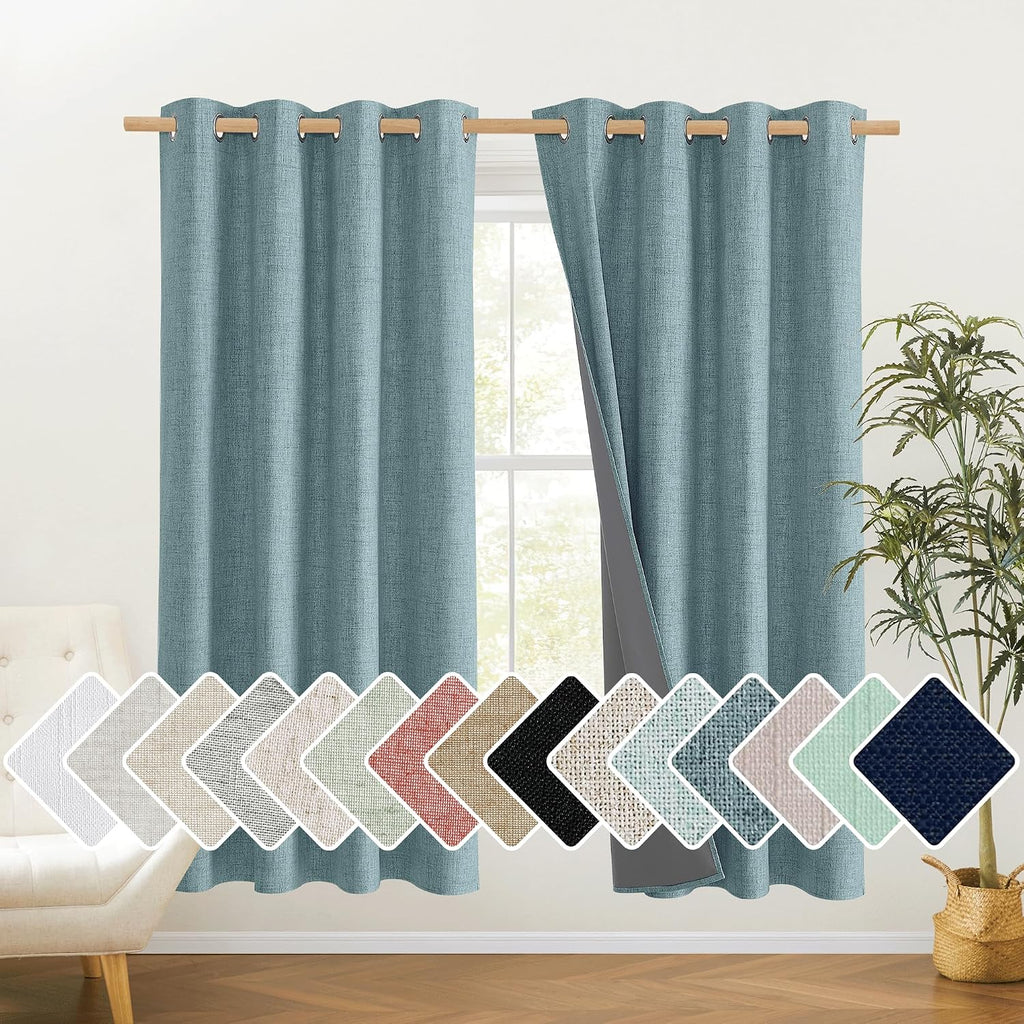 NICETOWN 100% Absolutely Blackout Linen Curtains with Thermal Insulated White Liner, Skylark Blue, 52 inches Wide, 72 inches Length…