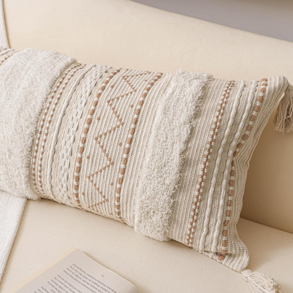 BlissBlush 12x20 Lumbar Pillow Cover, Cream Neutral Beige Rectangular Decorative Cushion Cover, Boho Accent Pillowcase with Tufted…