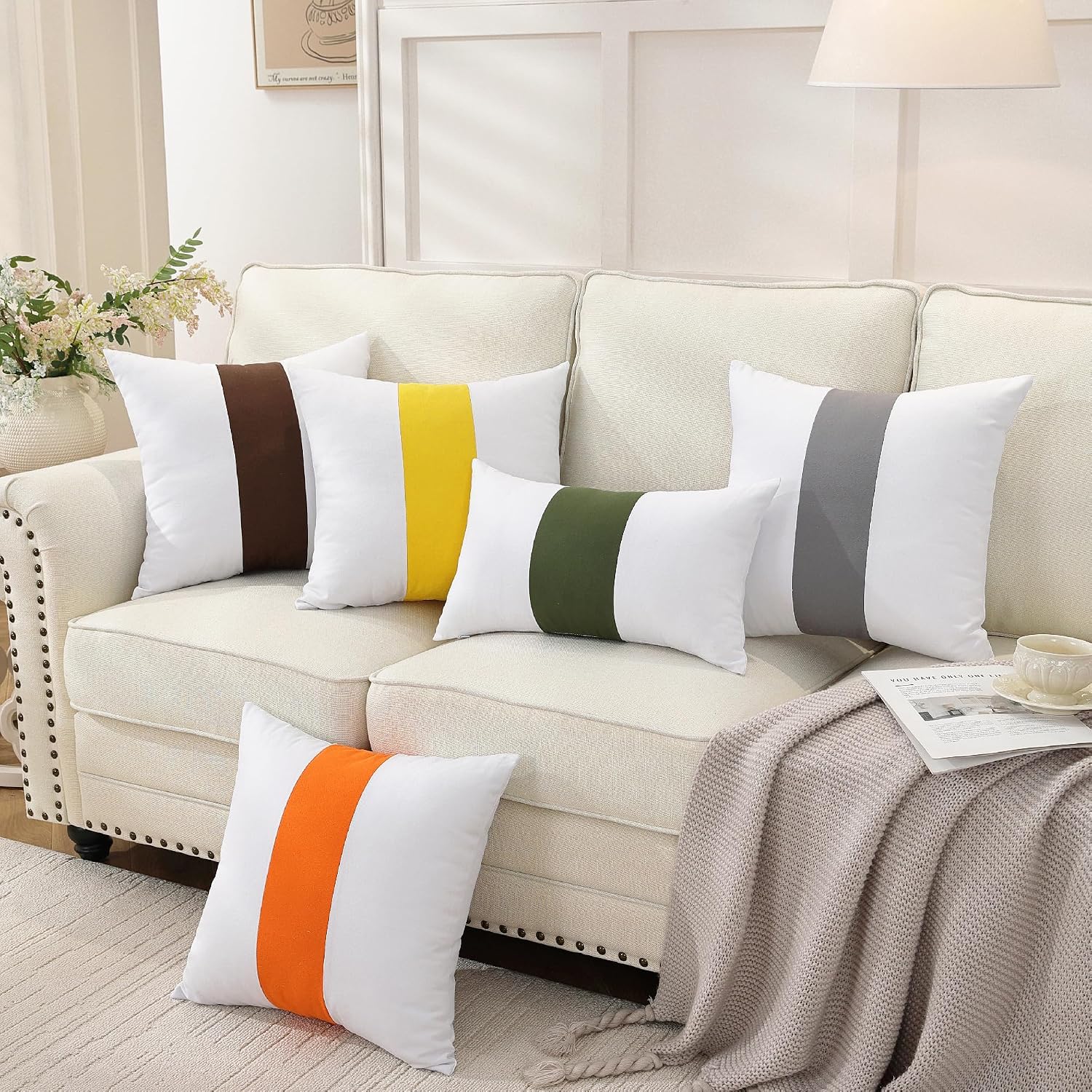 TAOSON Set of 2, 100% Cotton Canvas Patchwork Throw Pillow Covers 20x20 Inch Modern Olive Green Striped Pillow Cushion Covers Farmhouse…