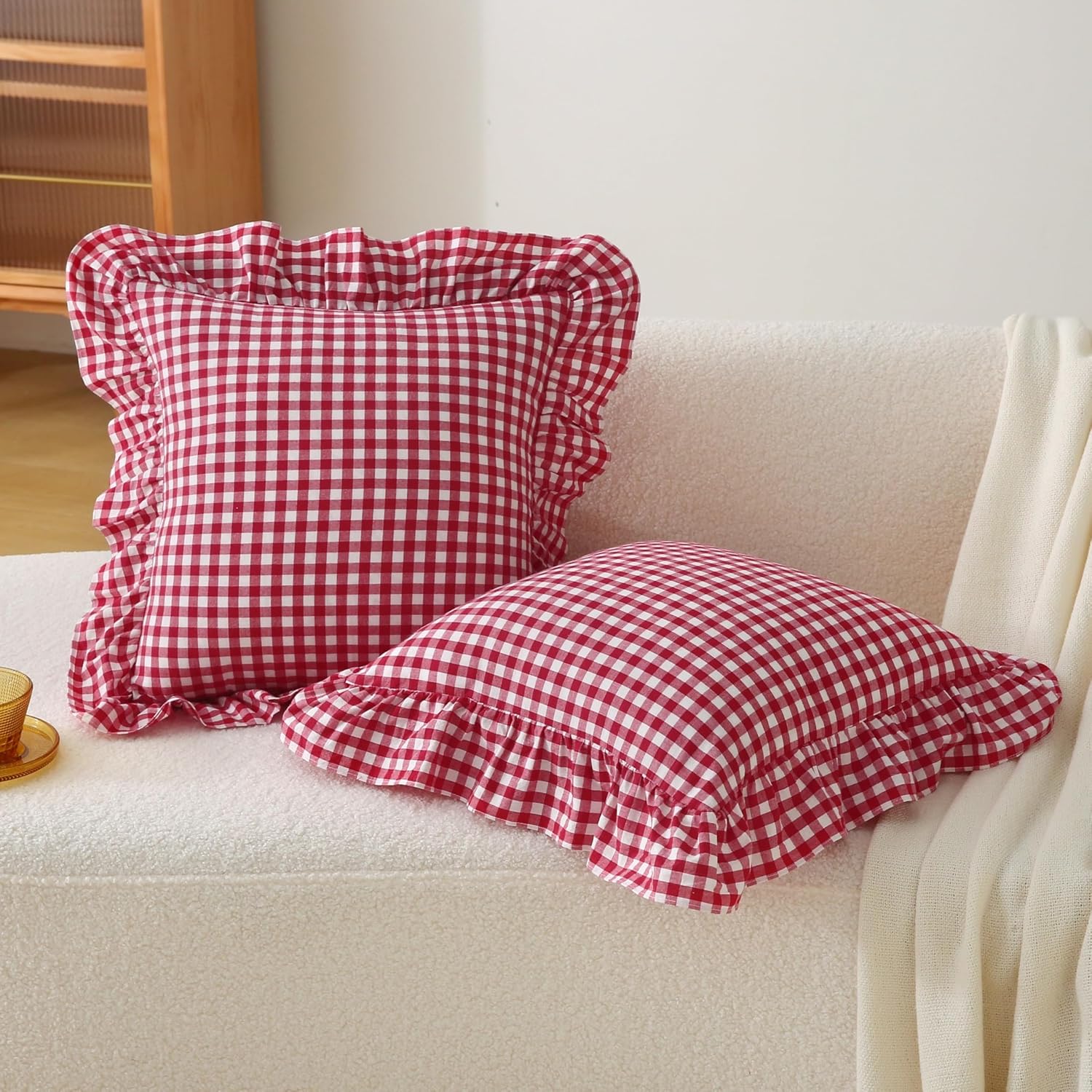 Jilboo 2 Pack 18 x18 inches Red/White Checkered Throw Pillow Covers 100% Washed Cotton Vintage Ruffle Trim Decorative Gingham Pillowcases w…