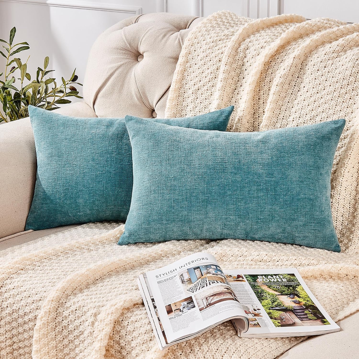 Gawamay Lumbar Decorative Rectangle Throw Pillow Covers 12"x20" Inch Set of 2, Super Soft Chenille Pillowcase for Sofa Living Room Bedroom…