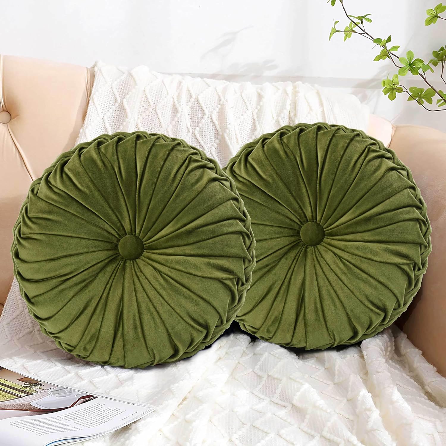 Hig Set of 2 Decorative Round Pleated Throw Pillows, Classy Accent Pumpkin Throw Pillows with Center Button, Vintage Velvet Floor Pillows f…