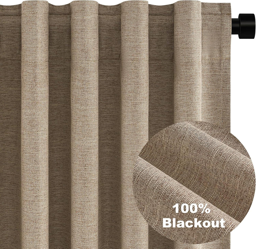 Topfinel 95 Inches Long Custom Linen Blackout Curtains Taupe Pinch Pleated Noise Cancelling Curtains with Pin Hooks for Traverse Burlap Vir…
