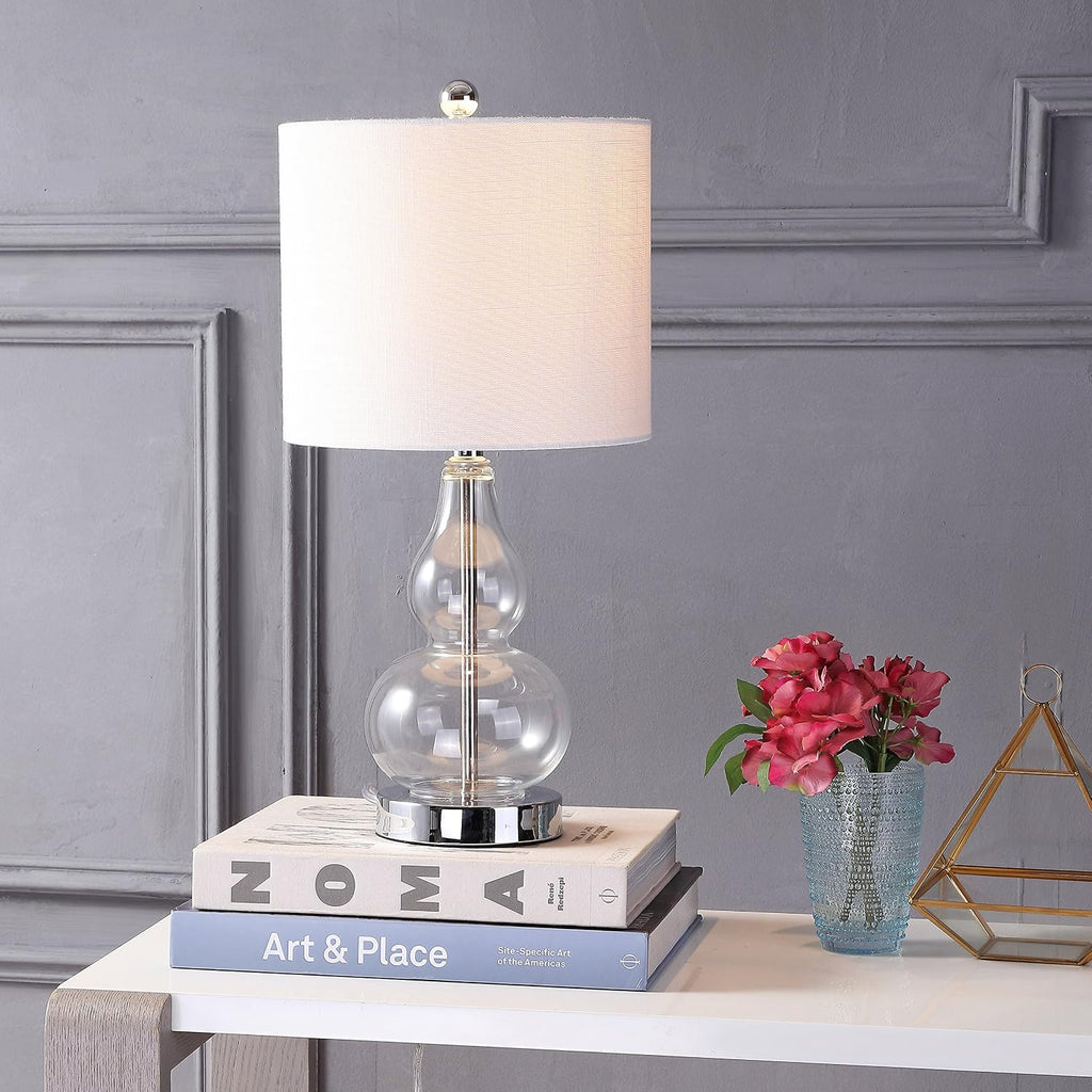 JONATHAN Y 20.5" Clear Glass Table Lamp, Modern Gourd Bedside Nightstand Lamp for Bedroom, Living Room, White Linen Shade, LED Bulb…