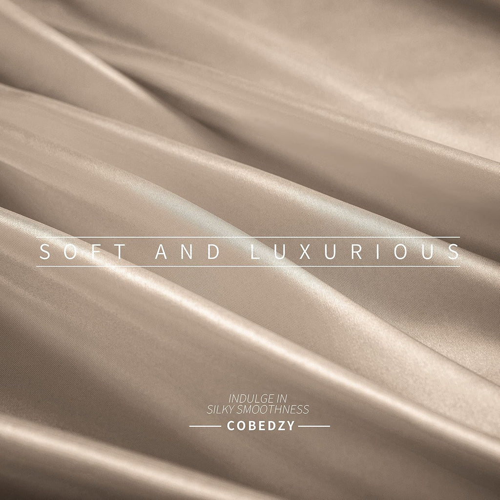 Cobedzy 4 Piece Luxury Queen Sheet Set, Taupe Satin Sheet Set, Soft Silky Bed Sheets Queen Set with 1 Deep Pocket Fitted Sheet 1 Flat Sheet…