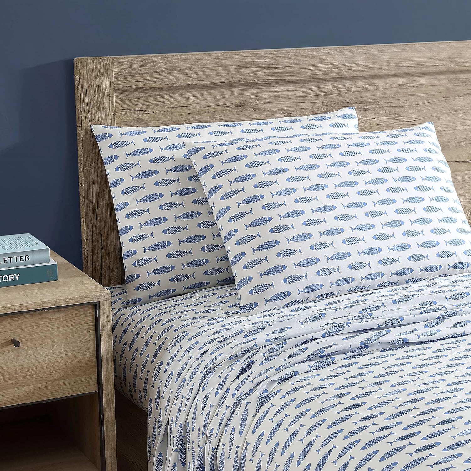 Nautica King Sheet Set, Cotton Percale Bedding Set, Crisp & Cool, Stylish Home Decor (Woodblock Fish Blue, King) Cotton Blue