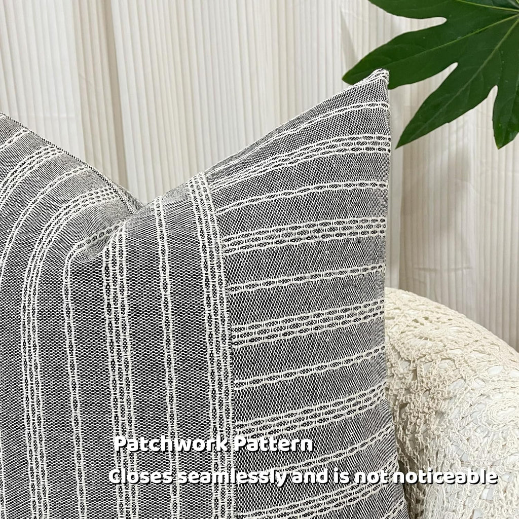 Slow Cow Black and Beige Patchwork Stripe Decorative Throw Pillow Cover Cushion Cover Pillowcase for Sofa Couch Bed Chair 18 x18 Inches