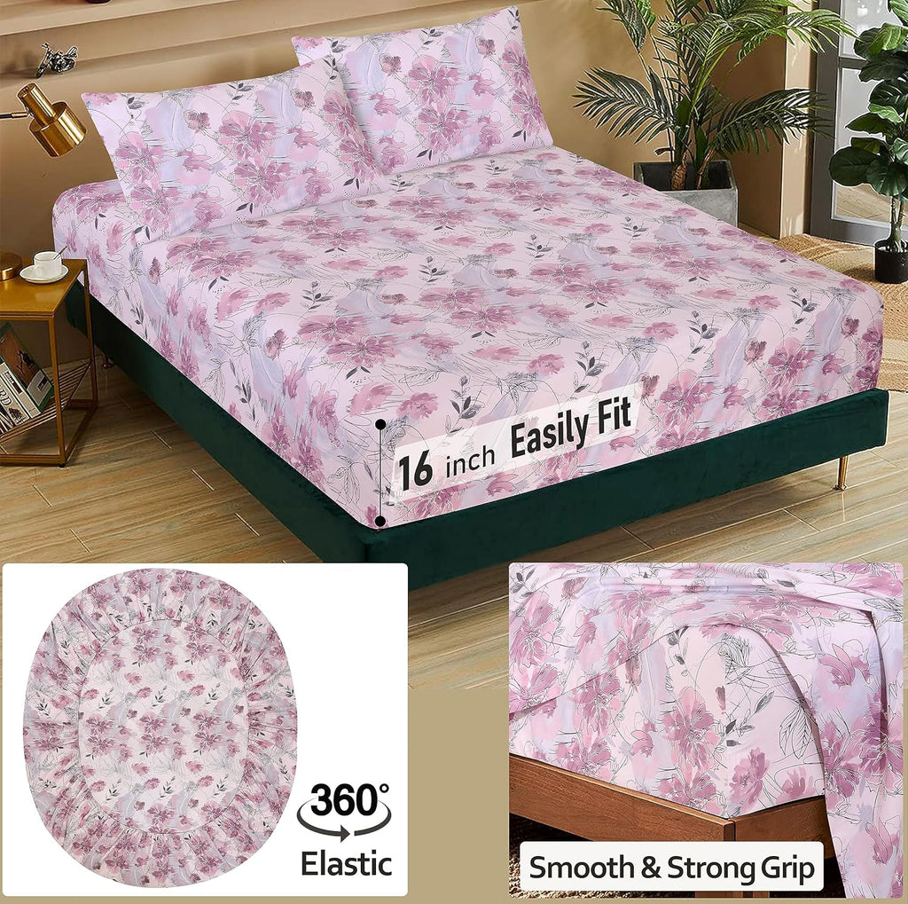 Ruvanti 100% Cotton Bed Sheets, 4 Pcs Bed Sets, Lilac Floral Print Full Size Sheets Set, Soft, Breathable, Deep Pocket Sheets, Cooling Bedd…
