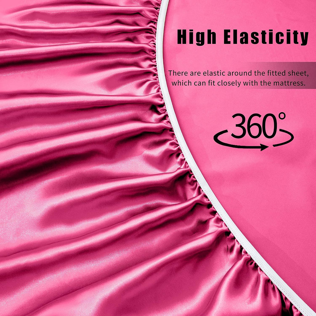 VACVELT 4pcs Hot Pink Satin Sheets Full Size Bed Set, 15 Inch Deep Pocket Silky Satin Sheet Set, Soft Satin Bedding Set Cooling & Luxury…