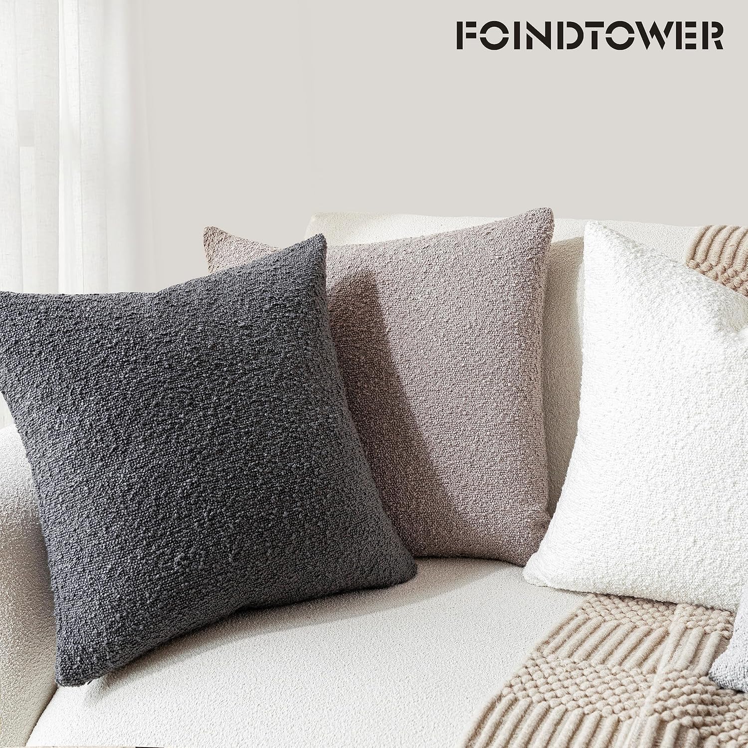Foindtower Decorative Textured Boucle Throw Pillow Covers Accent Solid Pillow Cases Neutral Soft Cozy Couch Cushion Case for Chair Sofa…