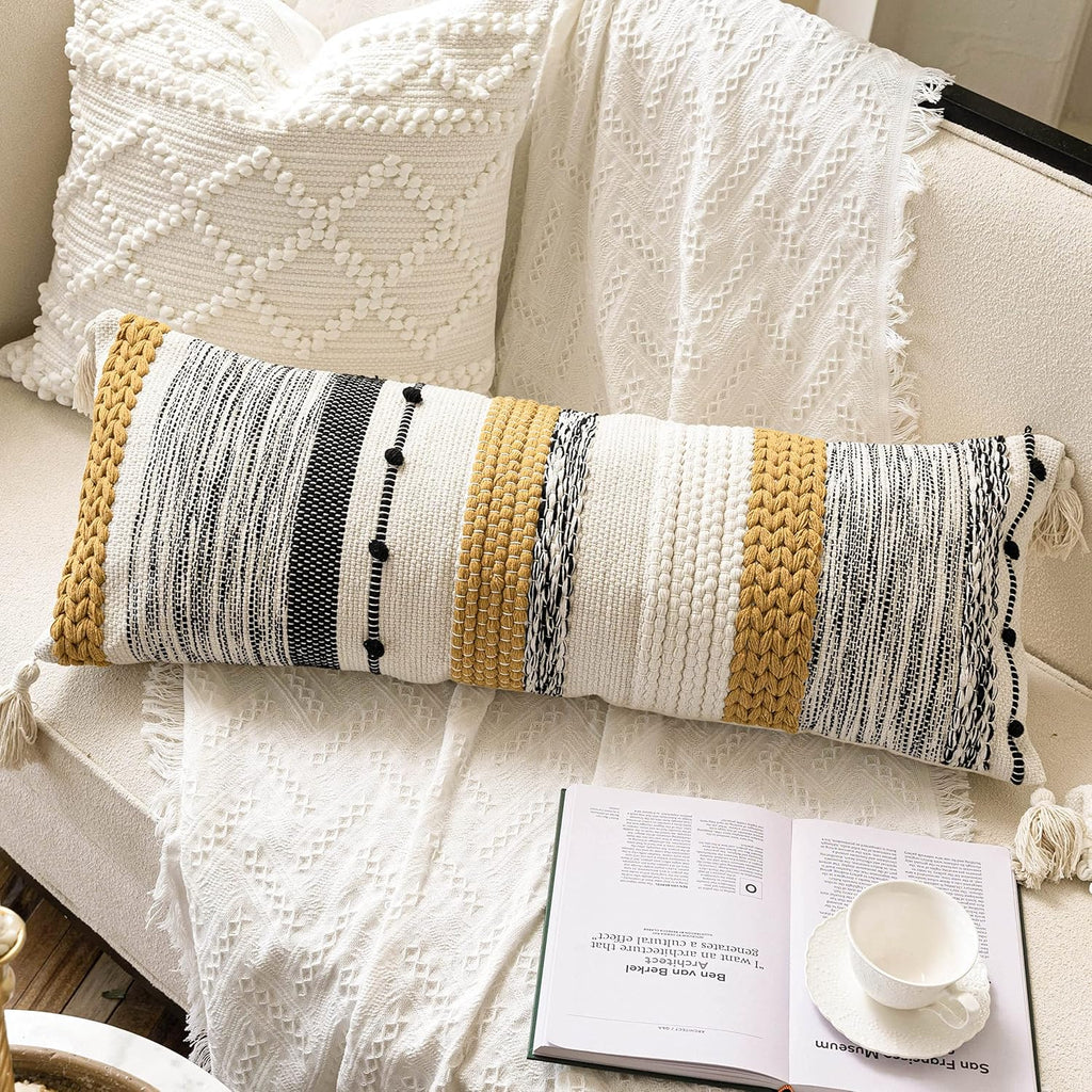 BlissBlush Decorative Lumbar Throw Pillow Cover 14x36 Boho Long Cushion for Bed Yellow Mustard Accent Farmhouse Pillowcase for Bedroom…
