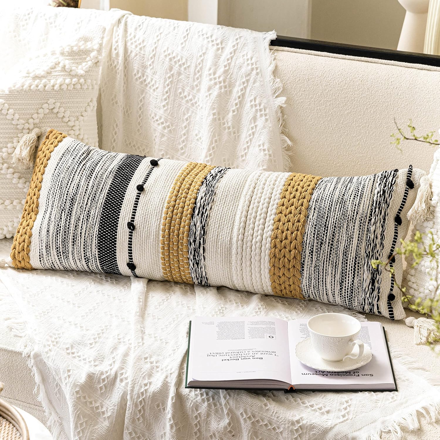 BlissBlush Decorative Lumbar Throw Pillow Cover 14x36 Boho Long Cushion for Bed Yellow Mustard Accent Farmhouse Pillowcase for Bedroom…
