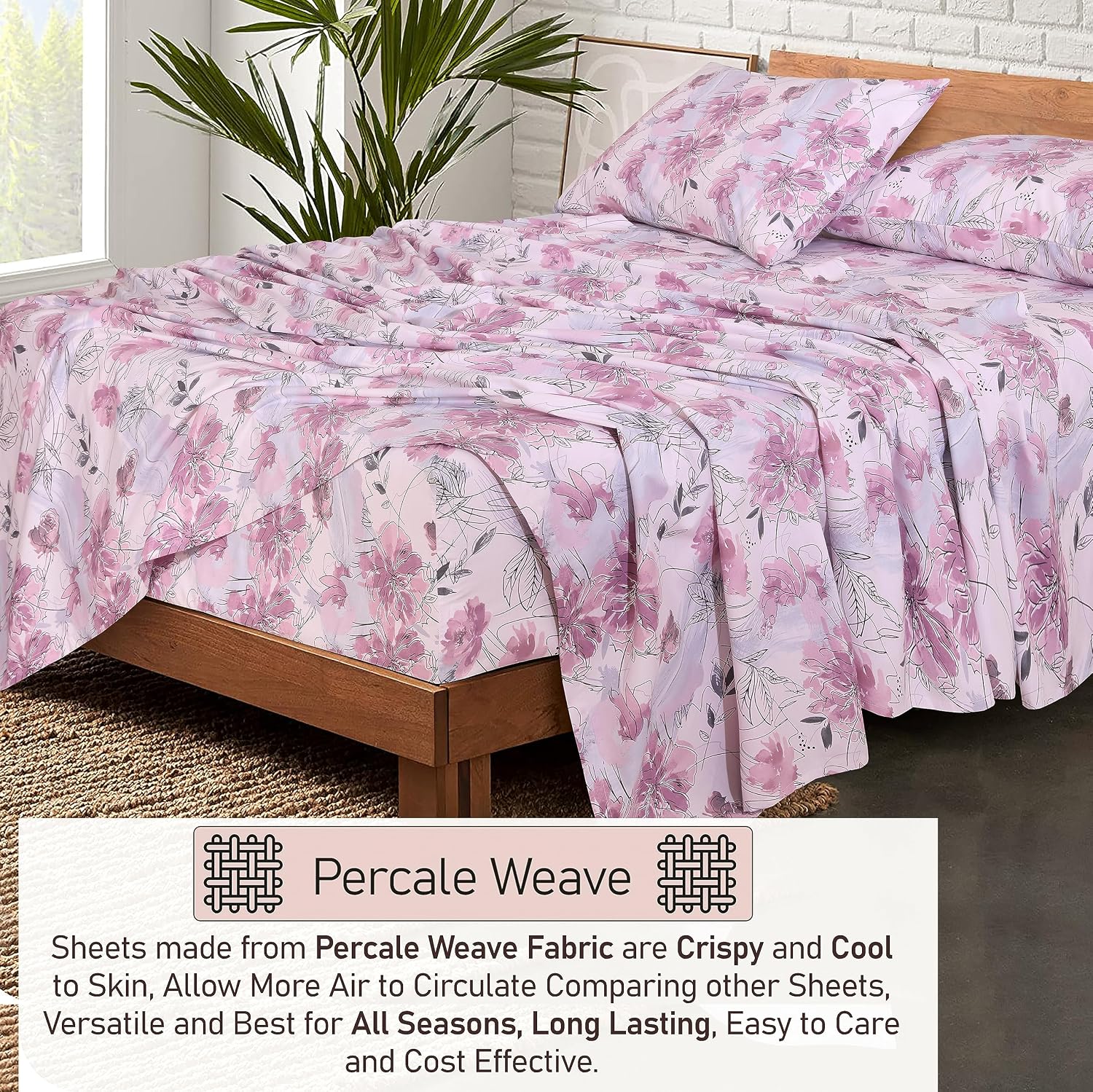 Ruvanti 100% Cotton Bed Sheets, 4 Pcs Bed Sets, Lilac Floral Print Full Size Sheets Set, Soft, Breathable, Deep Pocket Sheets, Cooling Bedd…