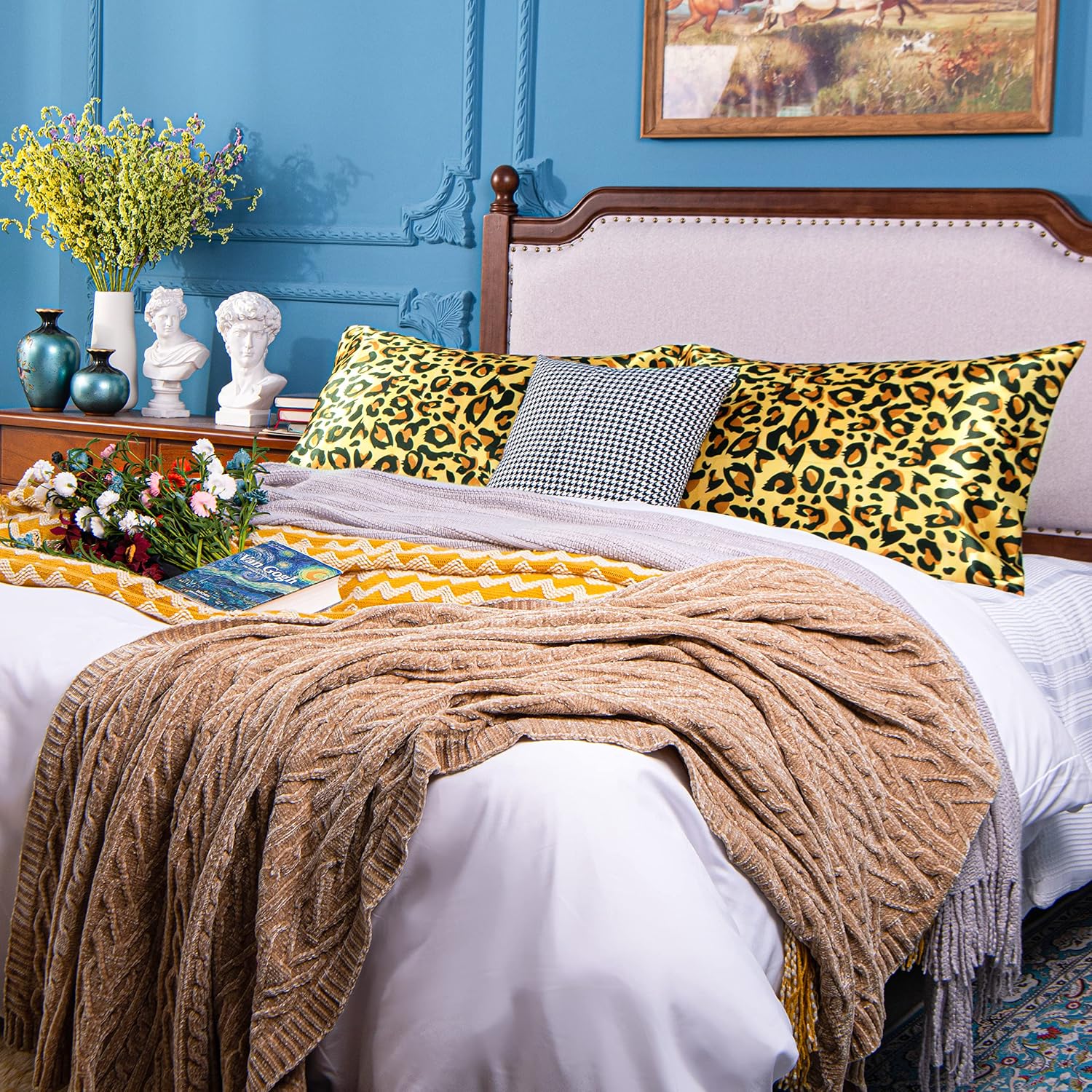 Ntbay 2 Pack Satin Standard Pillowcases for Hair and Skin, Luxurious and Silky Leopard Printed Pillow Cases with Envelope Closure, 20x26 In…