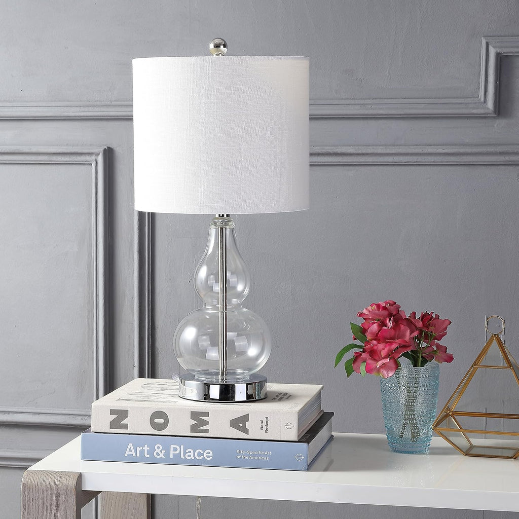 JONATHAN Y 20.5" Clear Glass Table Lamp, Modern Gourd Bedside Nightstand Lamp for Bedroom, Living Room, White Linen Shade, LED Bulb…