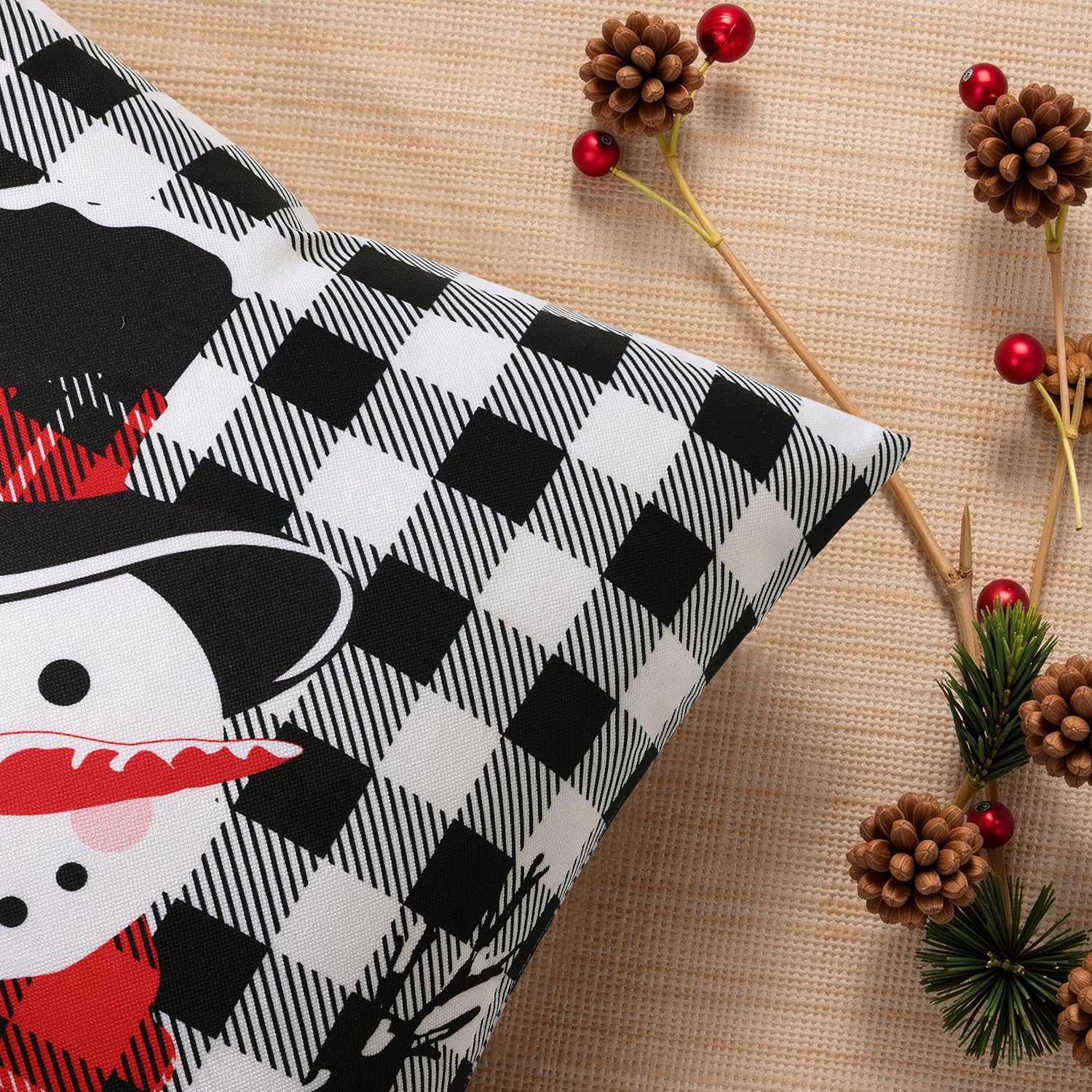 decorUhome Summer Black and White Snowman Linen Decorative Throw Pillow Covers 20x20 Set of 2 Buffalo Plaid Check Farmhouse Gingham Cushion…
