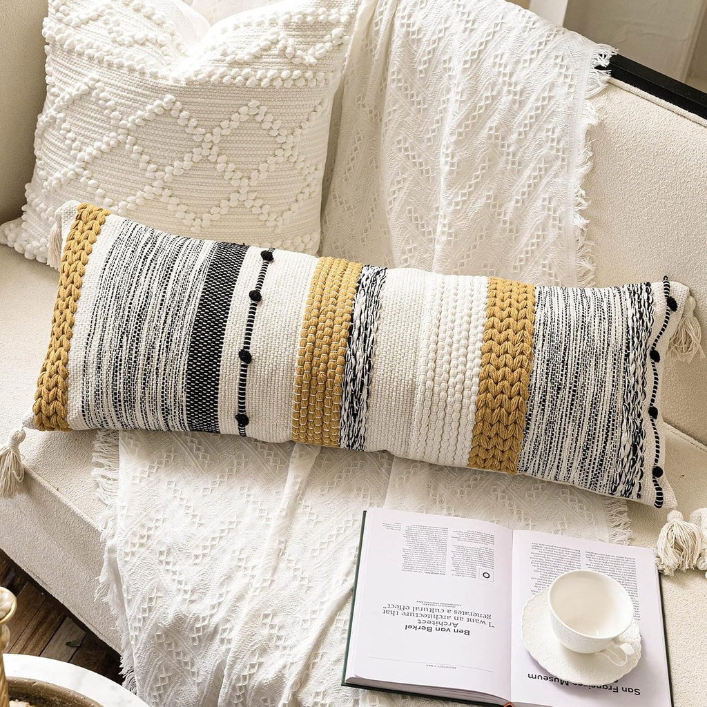 BlissBlush Decorative Lumbar Throw Pillow Cover 14x36 Boho Long Cushion for Bed Yellow Mustard Accent Farmhouse Pillowcase for Bedroom…