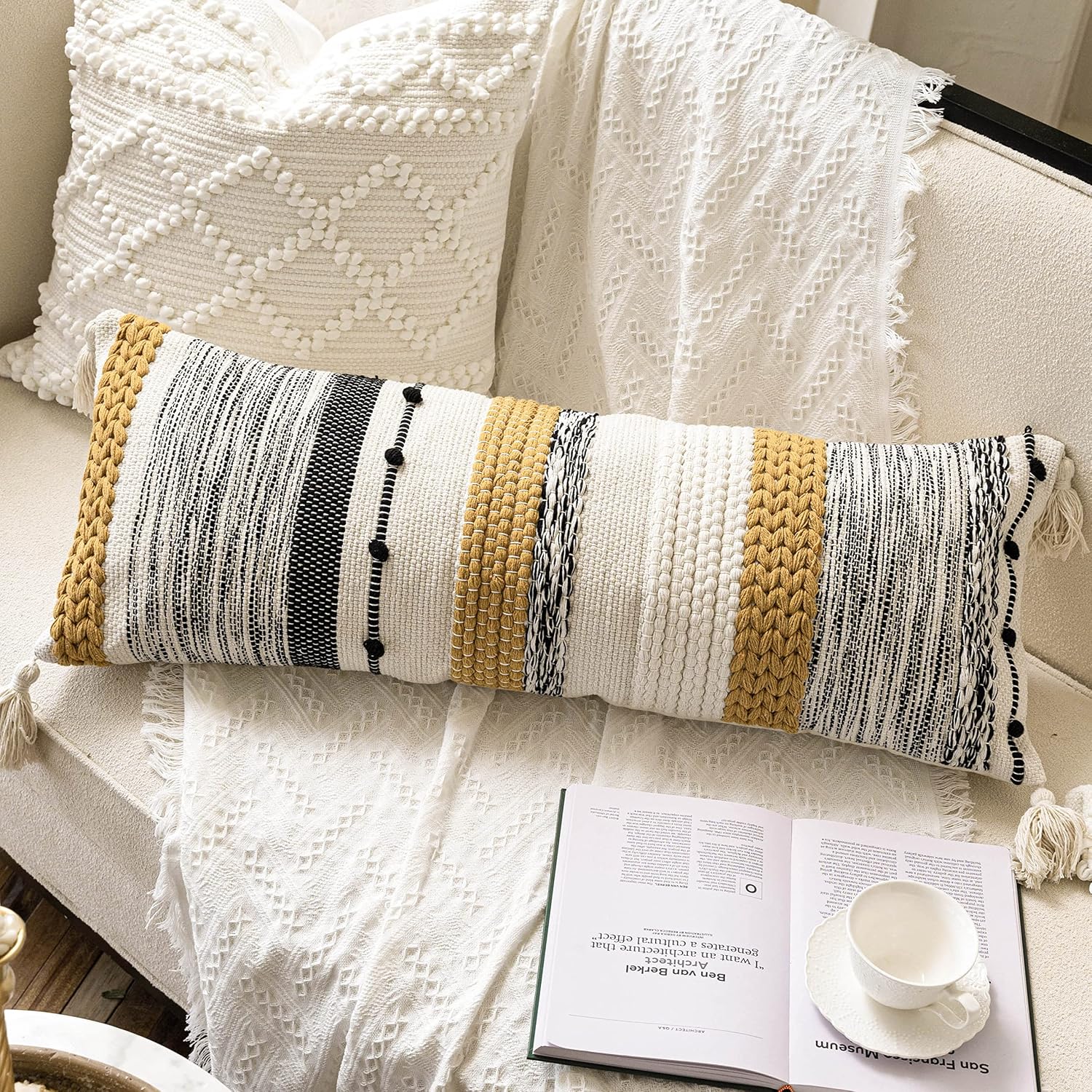 BlissBlush Decorative Lumbar Throw Pillow Cover 14x36 Boho Long Cushion for Bed Yellow Mustard Accent Farmhouse Pillowcase for Bedroom…
