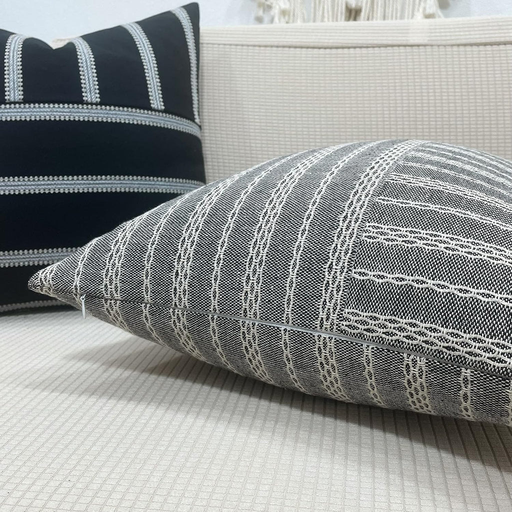 Slow Cow Black and Beige Patchwork Stripe Decorative Throw Pillow Cover Cushion Cover Pillowcase for Sofa Couch Bed Chair 18 x18 Inches