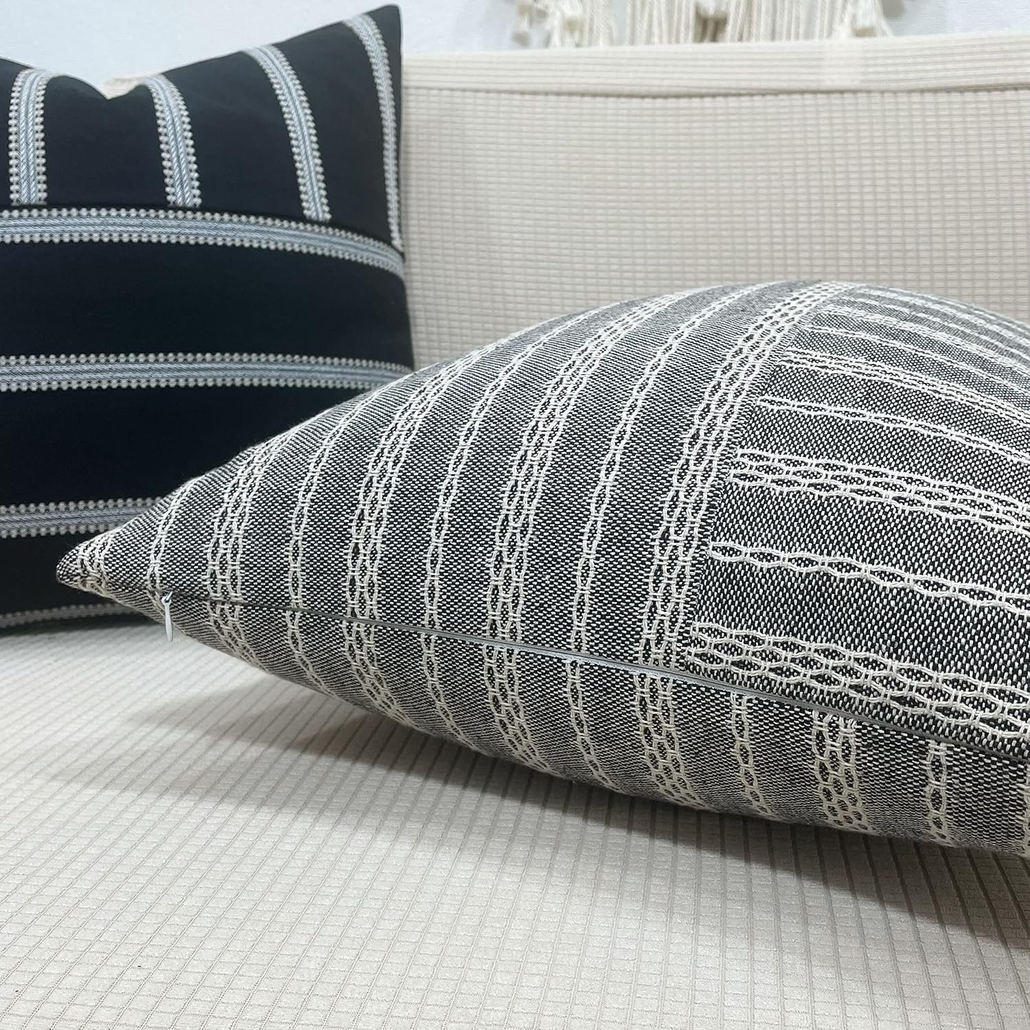 Slow Cow Black and Beige Patchwork Stripe Decorative Throw Pillow Cover Cushion Cover Pillowcase for Sofa Couch Bed Chair 18 x18 Inches