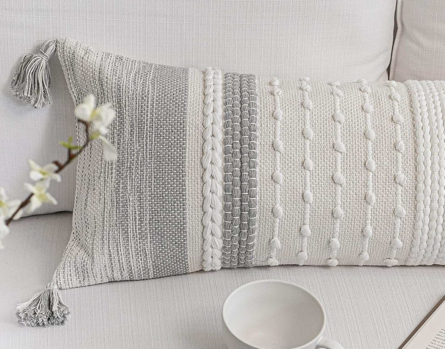 BlissBlush Gray Decorative Lumbar Pillow Cover 14x36, Grey Boho Long Body Pillow for Bed, Farmhouse Lumbar Throw Pillow for Couch, Modern…