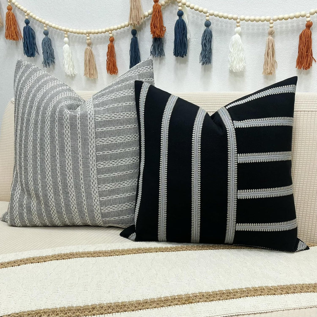 Slow Cow Linen Black and Off White Jacquard Textured Woven Stripe Patchwork Throw Pillow Cover Square 18 x 18 Inches
