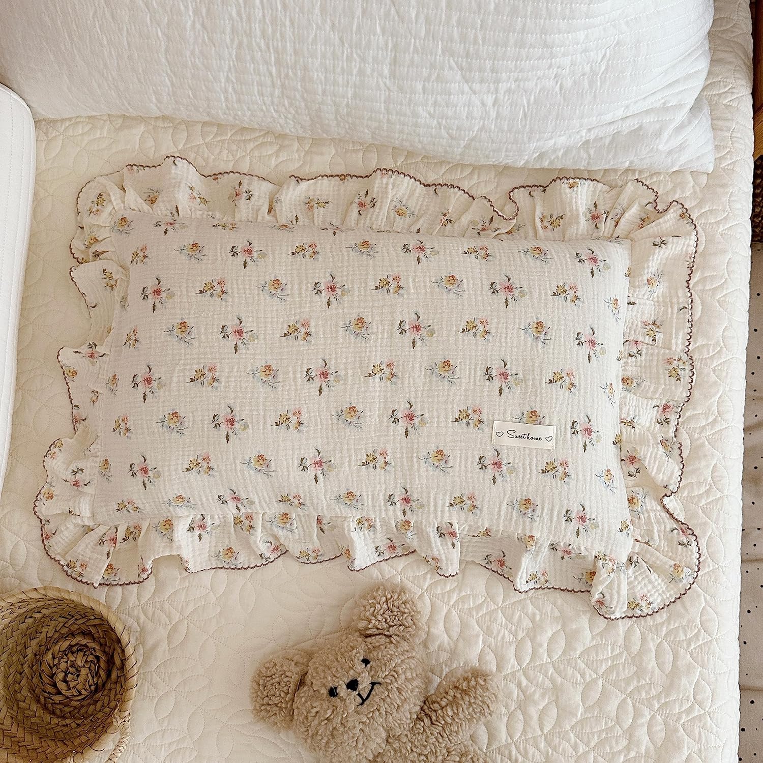 BuLuTu Cotton Muslin Kids Toddler Pillowcase with Cute Azalea Flowers Pattern Super Soft Crib Nursery Pillowcase for Boys, Girls, Bedding…