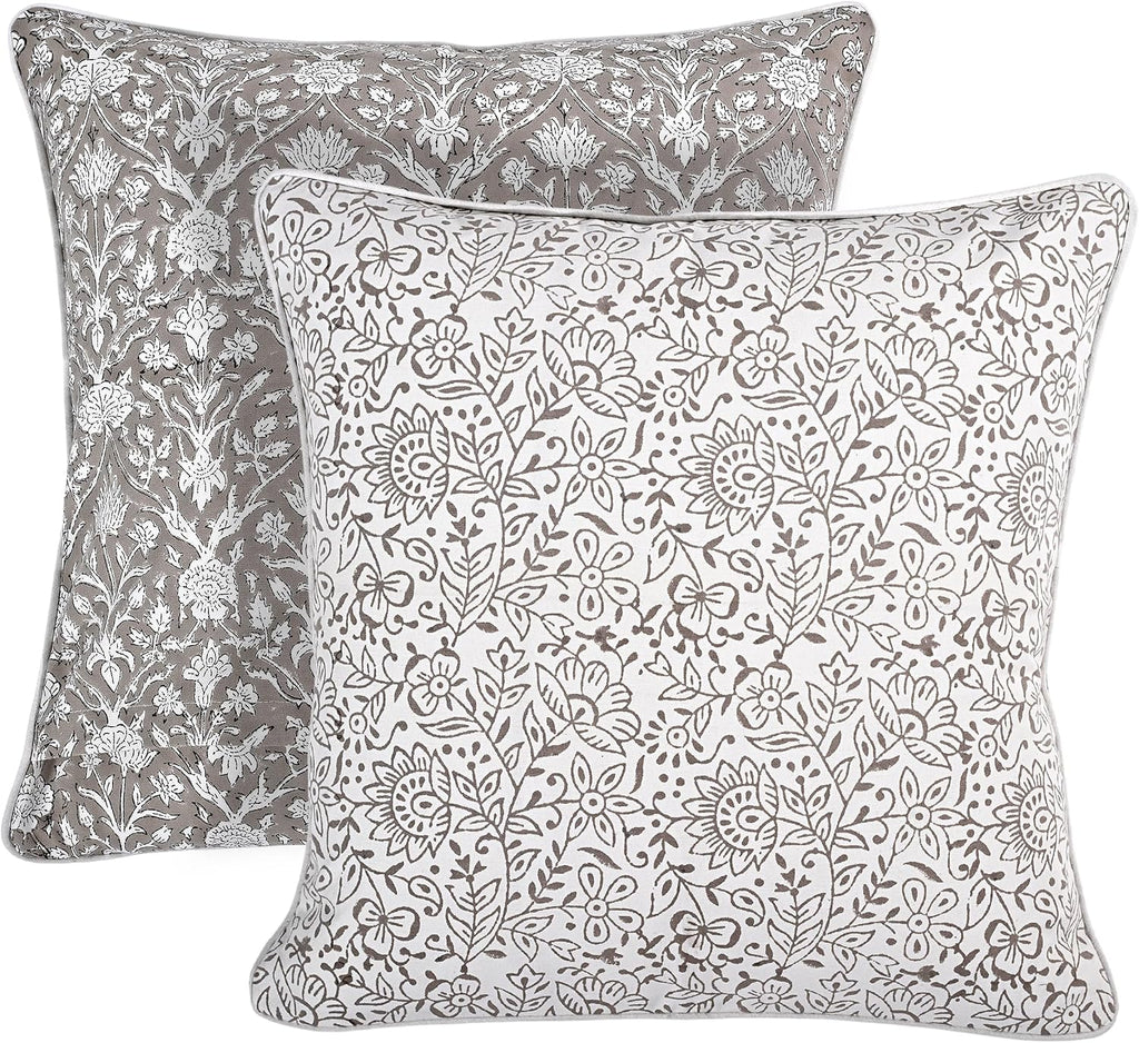 Ridhi Block Print Taupe Pillow Cover 18" x 18" (Pack of 2) Decorative Couch Pillows for Living Room, Farmhouse Chic Boho Cute Outdoor Pillo…